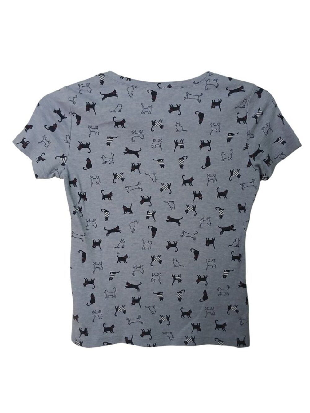 Karen Scott PS Cat Print Henley TShirt Blue Cotton Blend Short Sleeve #I-9 - Picture 2 of 7